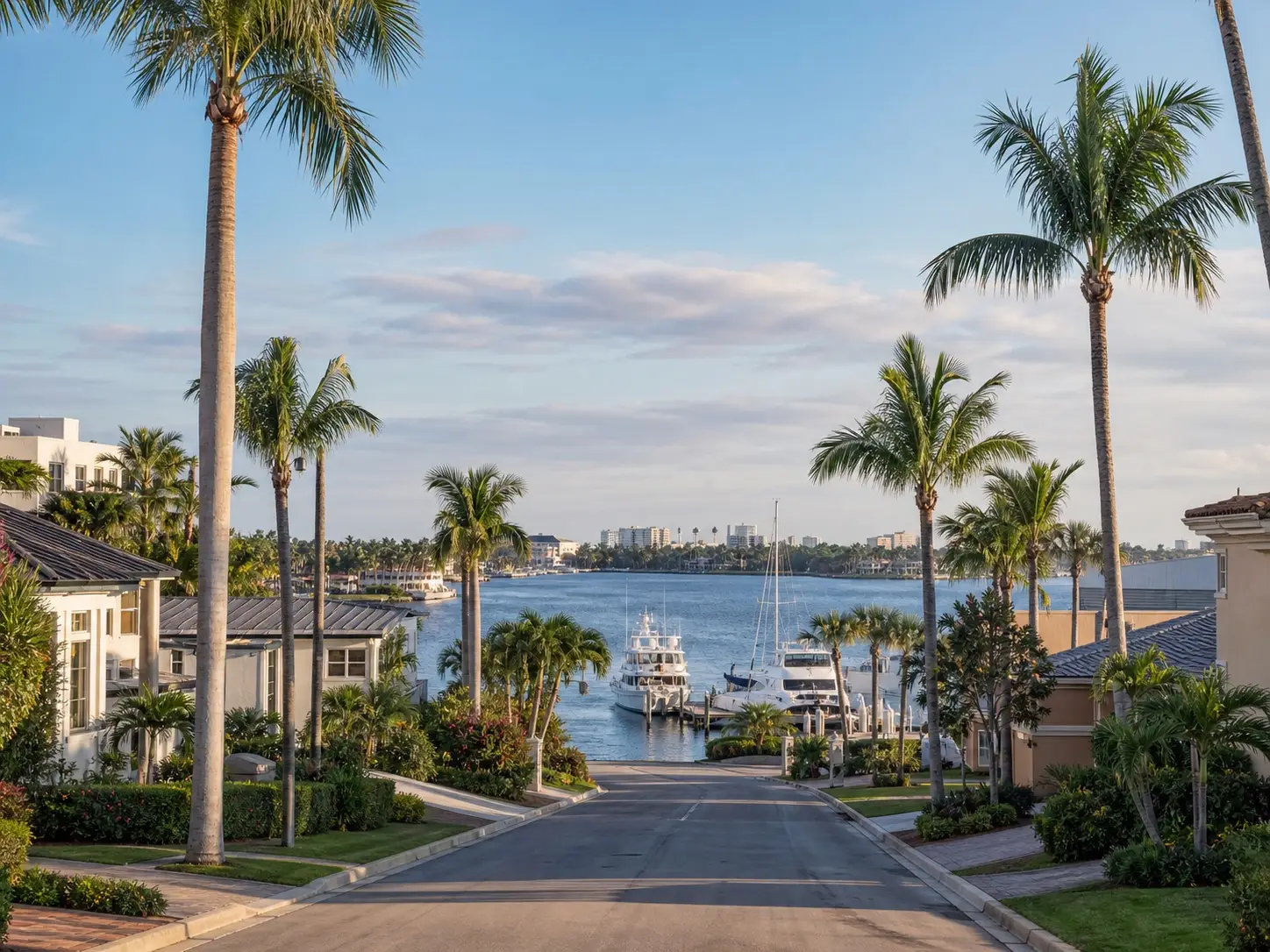 Palm-lined South Florida residential street leading toward a marina