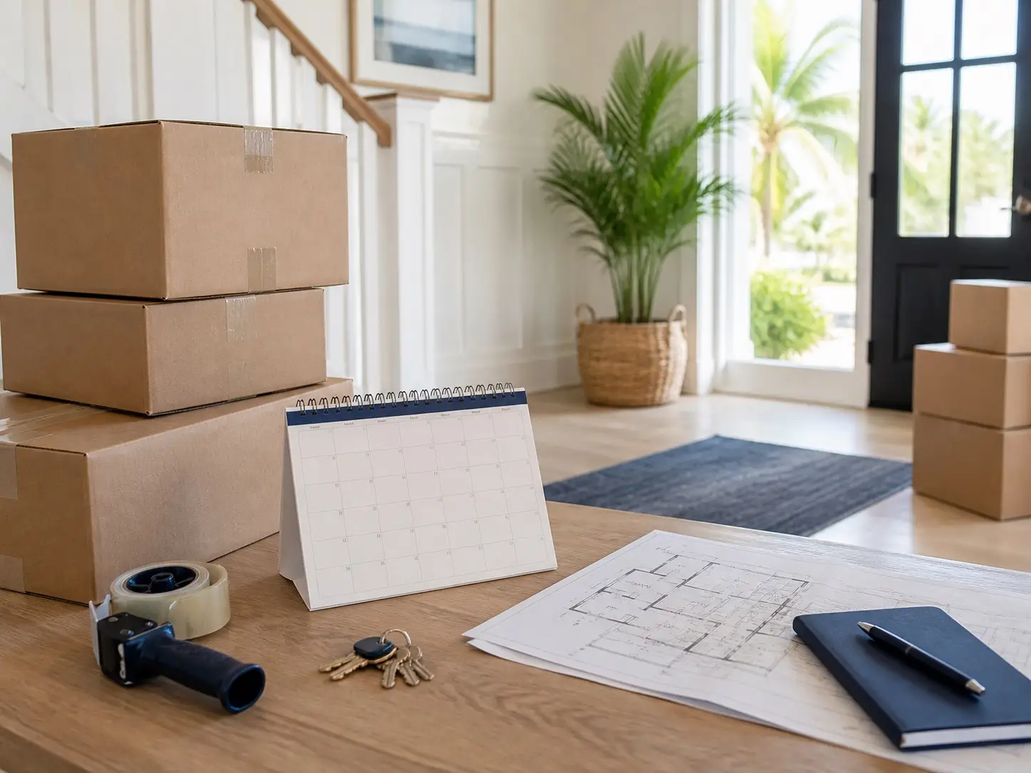 Organized moving plan with packed boxes, calendar, floor plan, and house keys