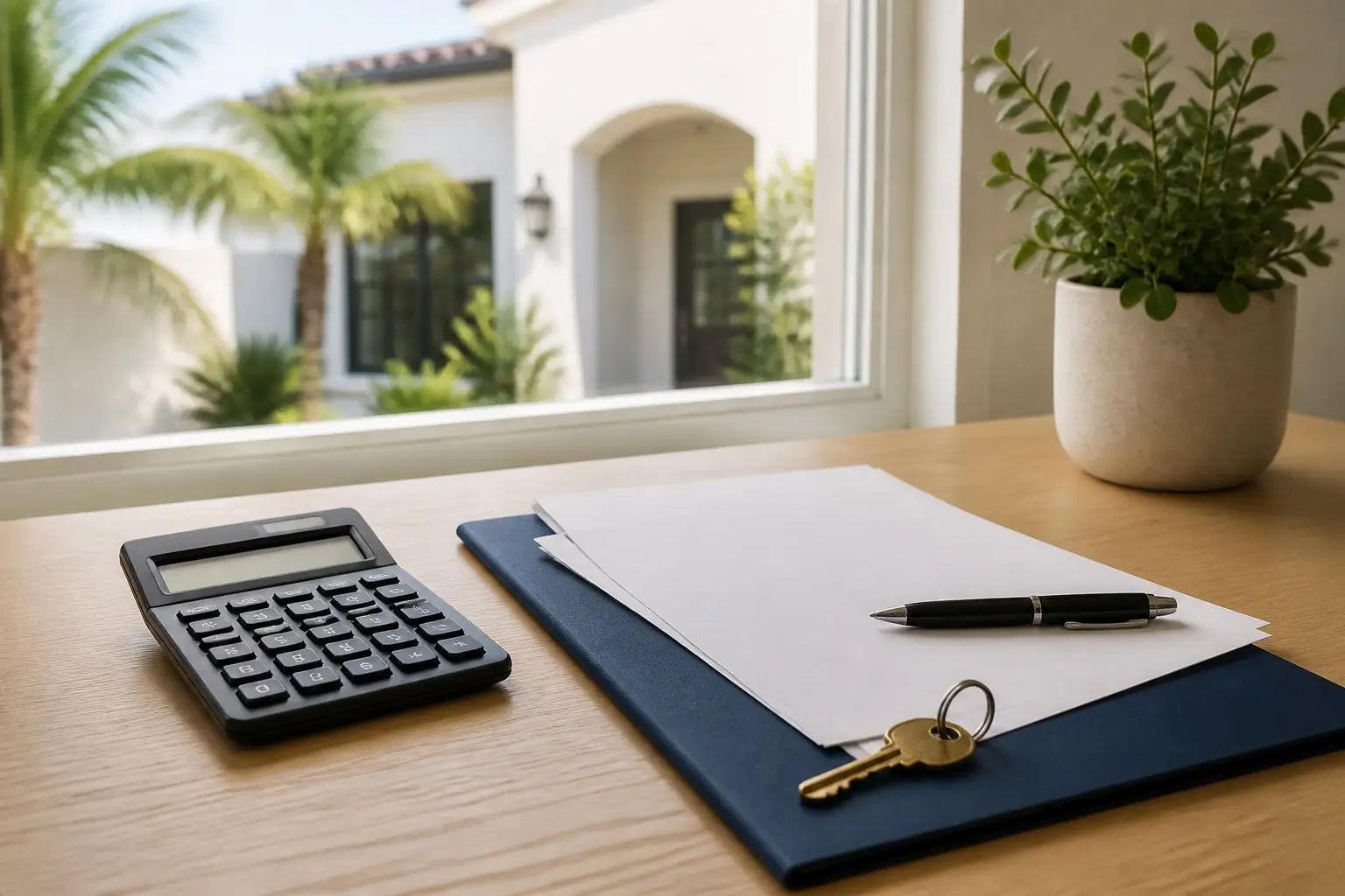 Mortgage planning materials and a house key beside a South Florida home