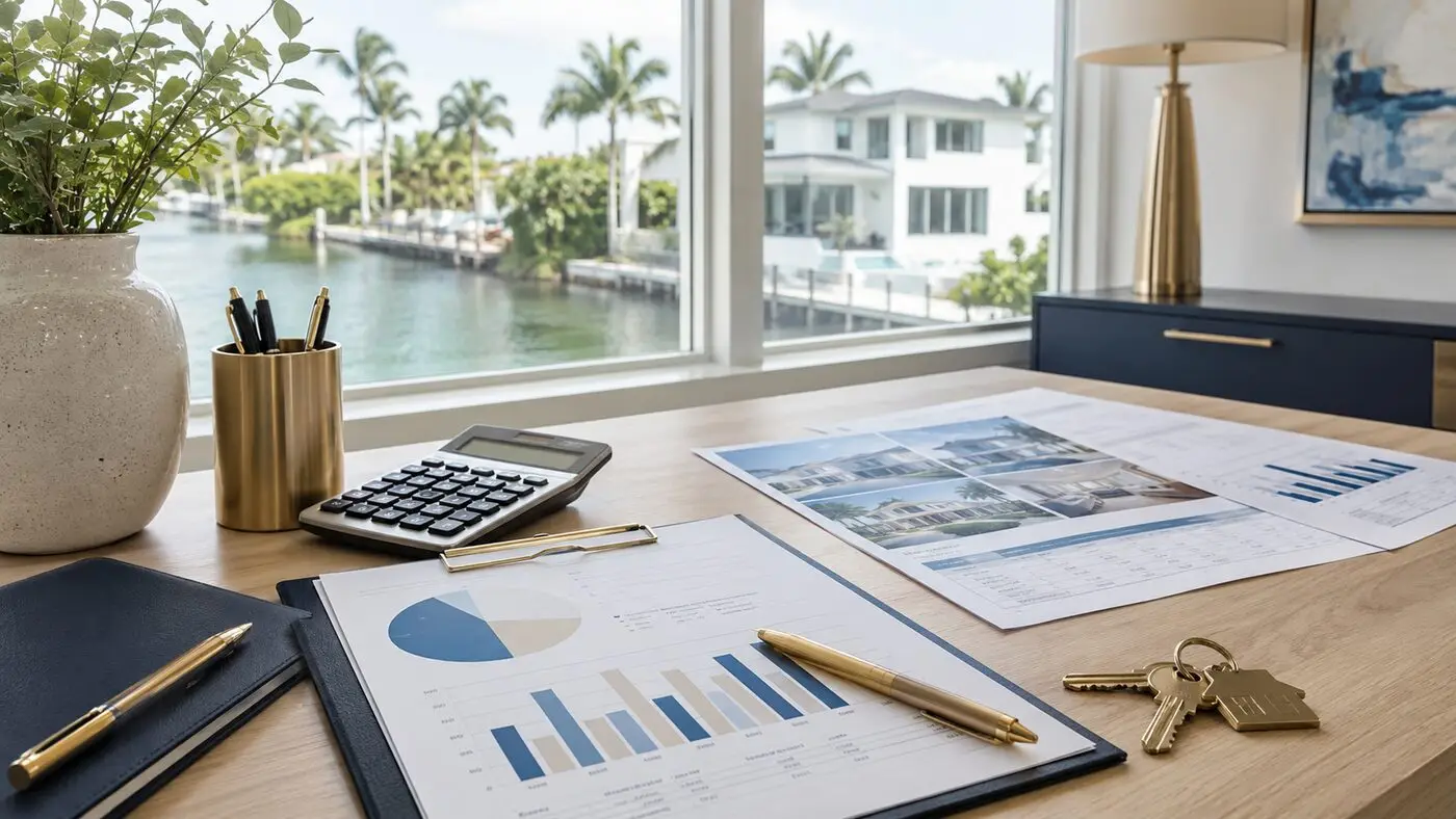 South Florida home pricing analysis with calculator and house keys