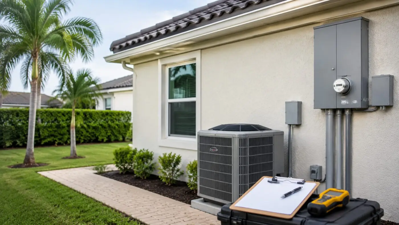 Home inspection tools beside exterior systems at a South Florida residence