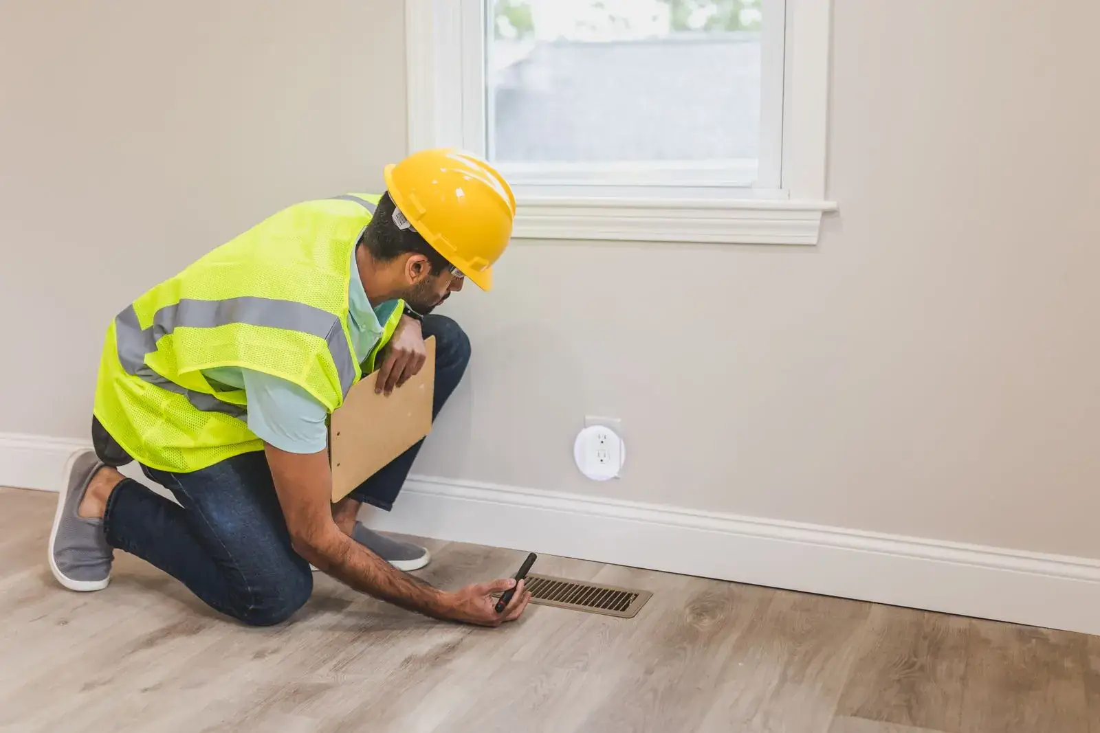 Inspector in a safety vest checking an outlet in an empty room