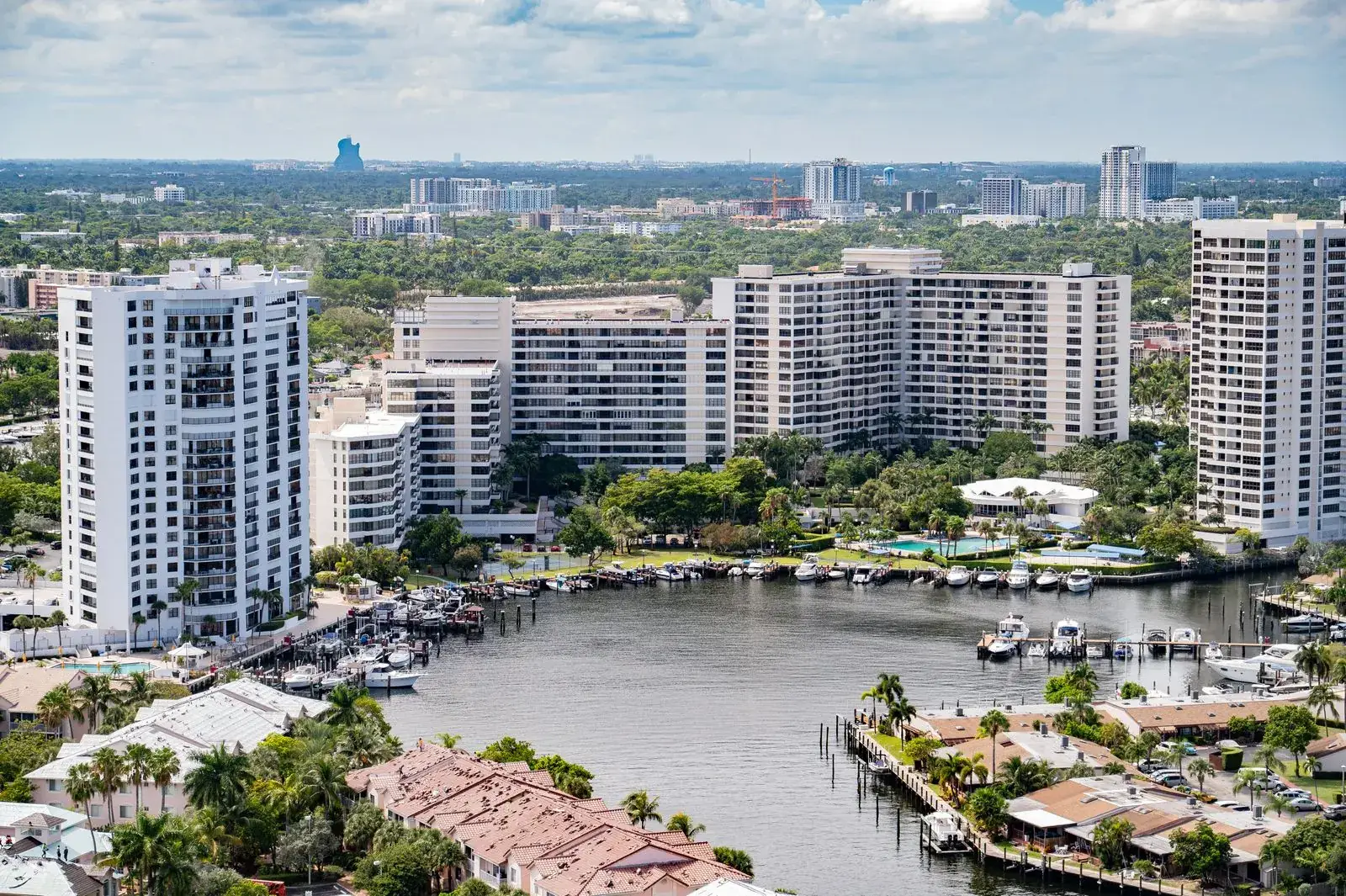 Waterfront condominium towers along a marina